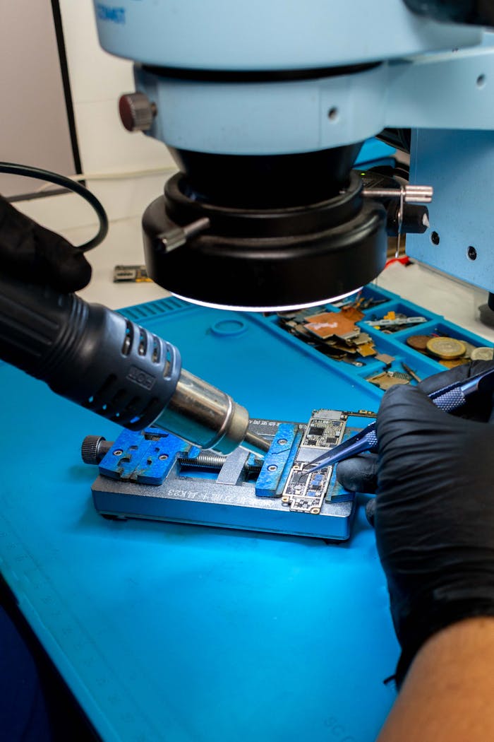 Close-up of a technician using tools on a circuit board under a microscope.